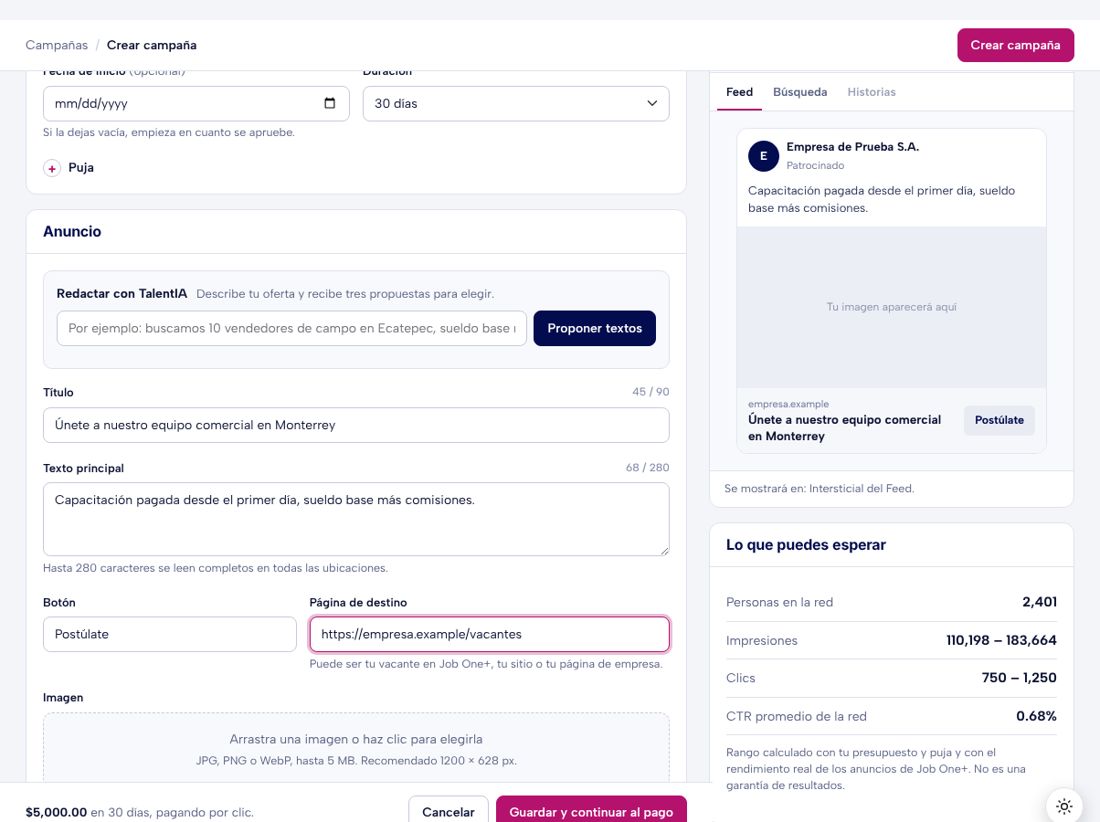 Sección Anuncio del editor con el asistente TalentIA, título, texto, botón e imagen