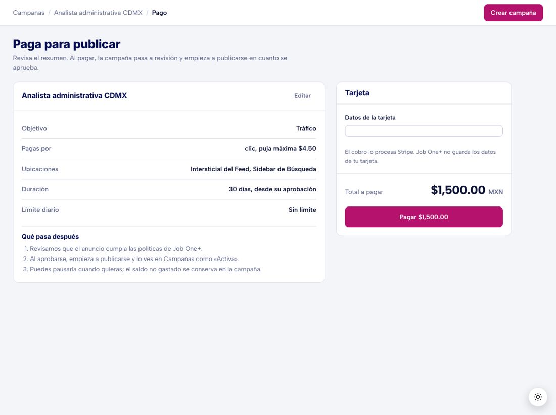 Pantalla de pago con el resumen de la campaña y el formulario de tarjeta