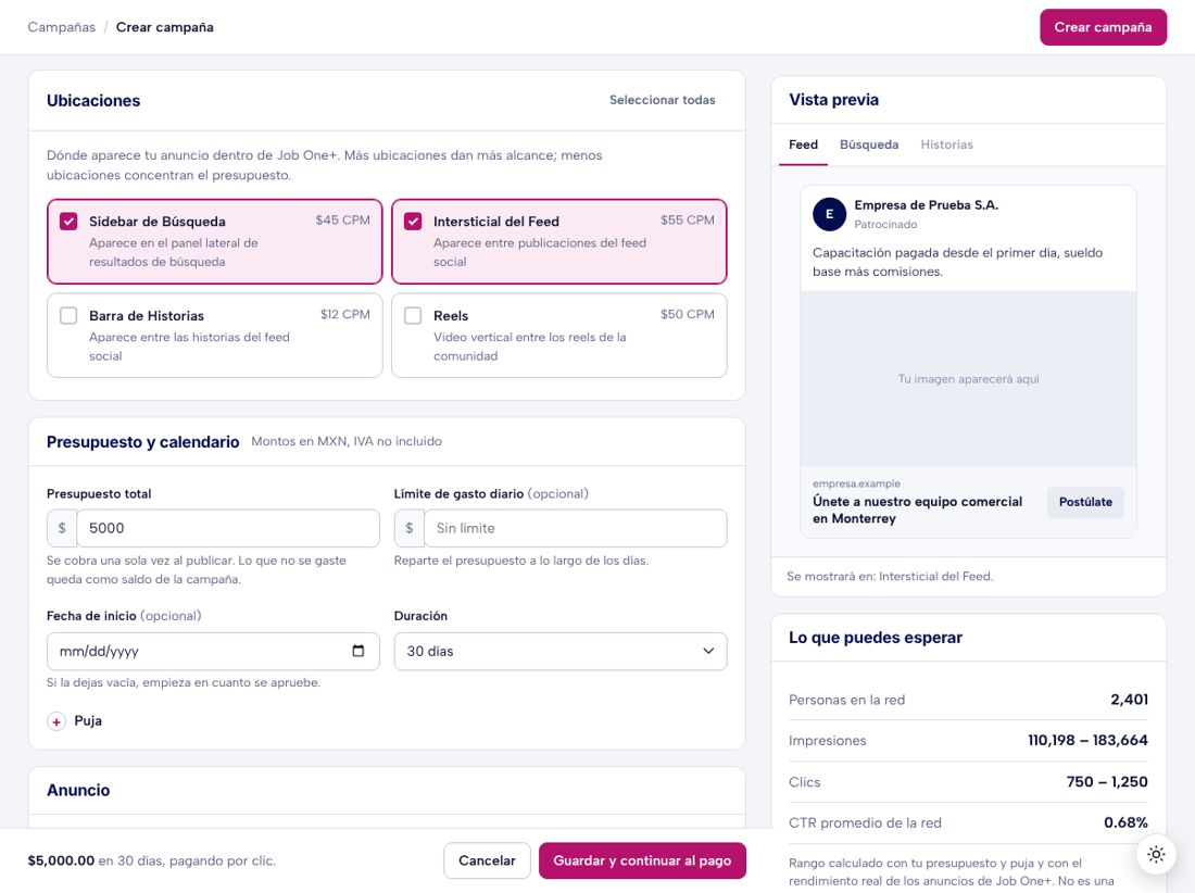 Sección de ubicaciones del editor con la vista previa del anuncio en el feed y la estimación de resultados